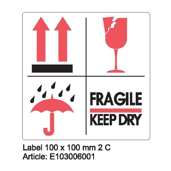 E-001 'LABEL 100mm x 100mm 500_1mm WHITE 2C Fragile 4X