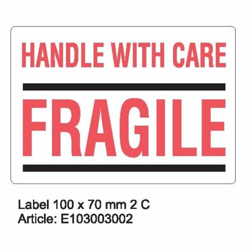 E-002 'LABEL 100mm x 70mm 500_1mm WHITE 2C Handle with care - Fragile