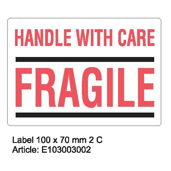 E-002 'LABEL 100mm x 70mm 500_1mm WHITE 2C Handle with care - Fragile