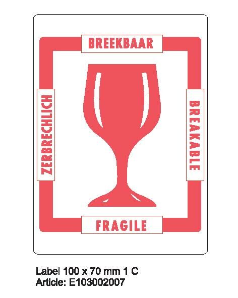 E-007 'LABEL 100mm x 70mm 500_1mm WHITE 1C Fragile - Glass 4X